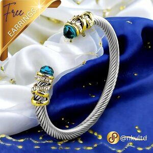 🆕️18k Gold Plated Cable Cuff Bracelet 💎 Turquoise Crystals ✨➕️ FREE Earrings